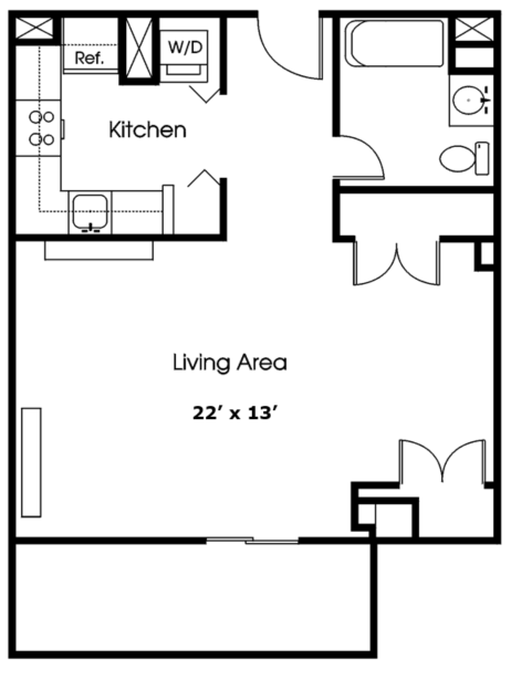 Floor plan for 1 bed, 1 bath, 526 sqft
